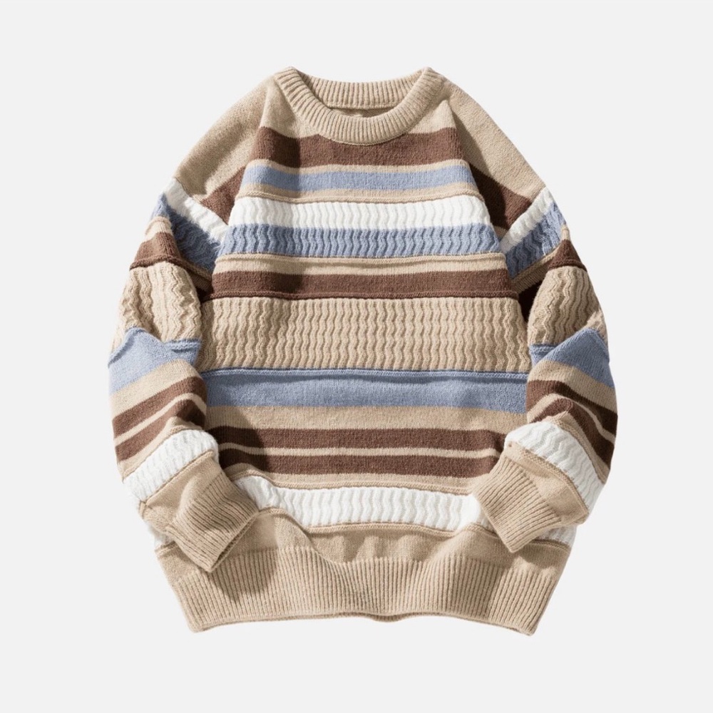 Men's Striped Crewneck Sweater in Beige, Blue, and Brown